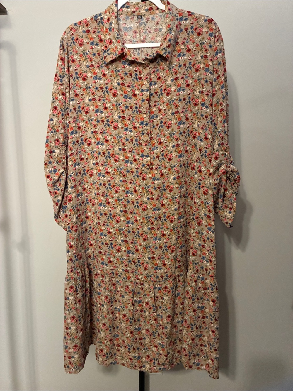 Cottagecore Drop Waist Floral Midi Shirt Dress Tan Multicolor Floral Rayon 3XL